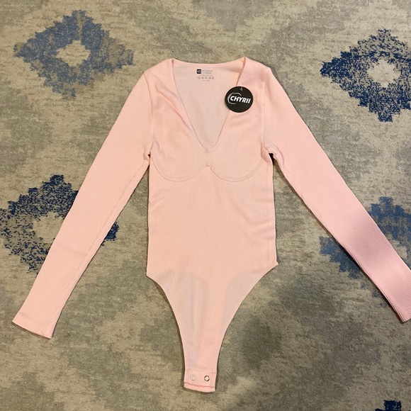 CHYRII Womens Sexy V Neck Bodysuit Basic Ribbed Long Sleeve Shirt Fall Tops - Picture 2 of 5